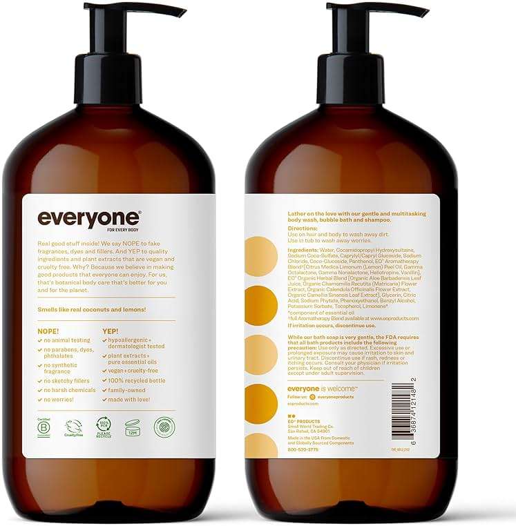 Everyone 3-in-1 Soap, Body Wash, Bubble Bath, Shampoo, 32 Ounce (Pack of 2), Coconut and Lemon, made with Essential Oils for Men and Women - Image 2