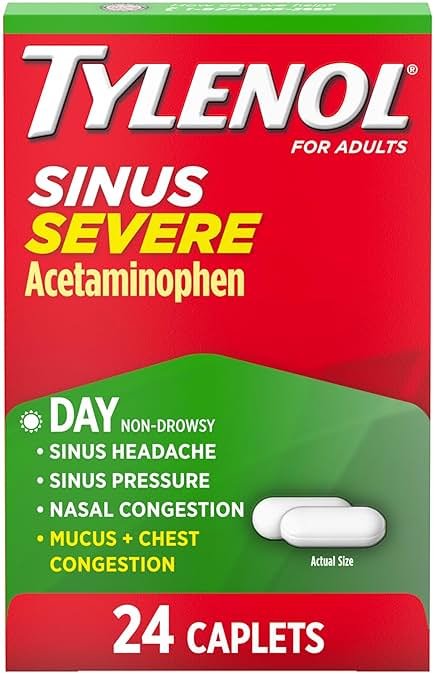 Tylenol Sinus Severe Daytime Caplets, Non-Drowsy, Pain Reliever, Pressure and Nasal Congestion Relief, Fever Reducer, Expectorant, Acetaminophen, Guaifenesin, Phenylephrine HCL, 24 Count - Product Image