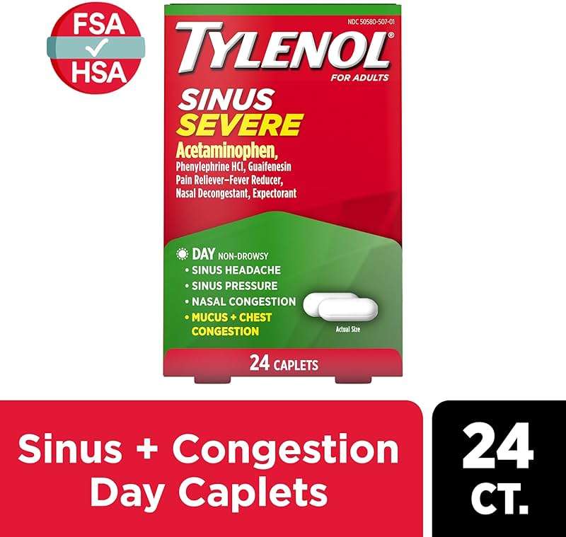 Tylenol Sinus Severe Daytime Caplets, Non-Drowsy, Pain Reliever, Pressure and Nasal Congestion Relief, Fever Reducer, Expectorant, Acetaminophen, Guaifenesin, Phenylephrine HCL, 24 Count - Image 4