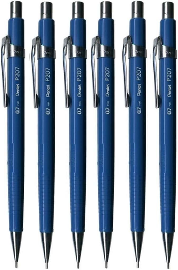Pentel 0.7mm (P207) Blue P200 Series Automatic Mechanical Draughting Pencil Refillable Lead Eraser P207-C (Pack Of 6) - Product Image
