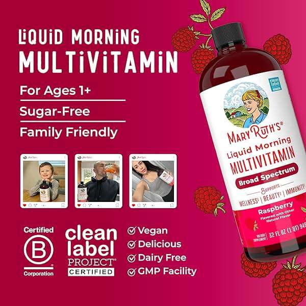MARYRUTH'S Liquid Morning Multivitamin for Women, Men & Kids | Vitamin A C D E B6 B12 Biotin Zinc | Beauty | Vegan | Non-GMO | Gluten Free | 32 Servings - Image 8