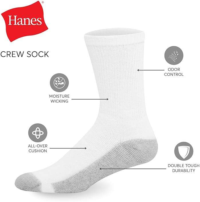 Hanes Men's Double Tough Socks, Crew and Ankle Moisturing Wicking Socks, Black & White, Multi-Packs - Image 2