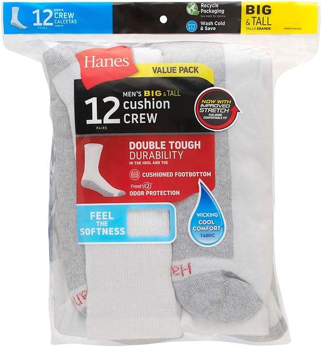 Hanes Men's Double Tough Socks, Crew and Ankle Moisturing Wicking Socks, Black & White, Multi-Packs - Image 4