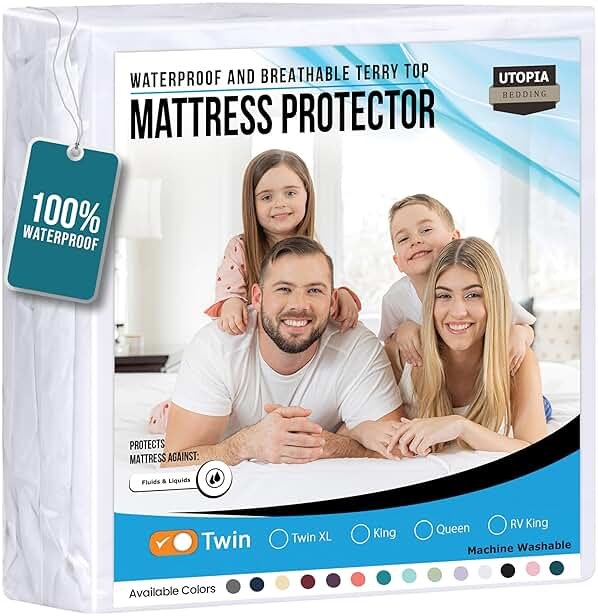 Twin Size Mattress Protector Waterproof, Premium 200 GSM Terry Mattress Cover, Soft & Breathable Bed Cover, Fitted Sheet Style Stretchable Deep Pockets 15" by Utopia Bedding (White) - Product Image