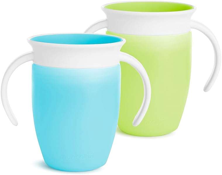 Munchkin Miracle 360 Sippy Cup for 6 Month Old, Spill Proof Baby and Toddler Cups with Transition Handles, 7 Ounce, 2 Pack, Blue/Green - Image 1