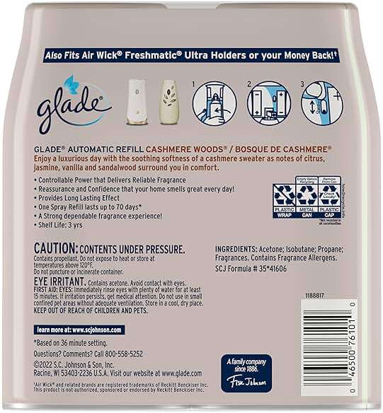 Glade Automatic Spray Refill, Air Freshener for Home and Bathroom, Cashmere Woods, 6.2 Oz, 2 Count - Image 2