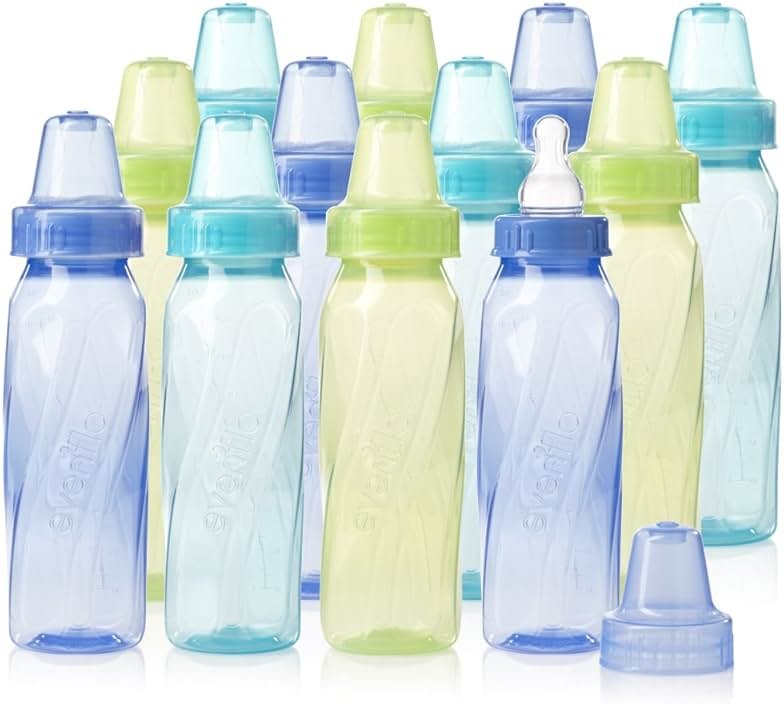 Evenflo Feeding Classic Tinted Plastic Standard Neck Bottles for Baby, Infant and Newborn - Teal/Green/Blue, 8 Ounce (Pack of 12) - Product Image