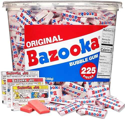 Bazooka Bubble Gum Bulk, 225 Count Tub of Chewing Gum Individually Wrapped, Old Fashioned 90's Candy for Baseball, Party Favors, Goodie Bags - Image 1