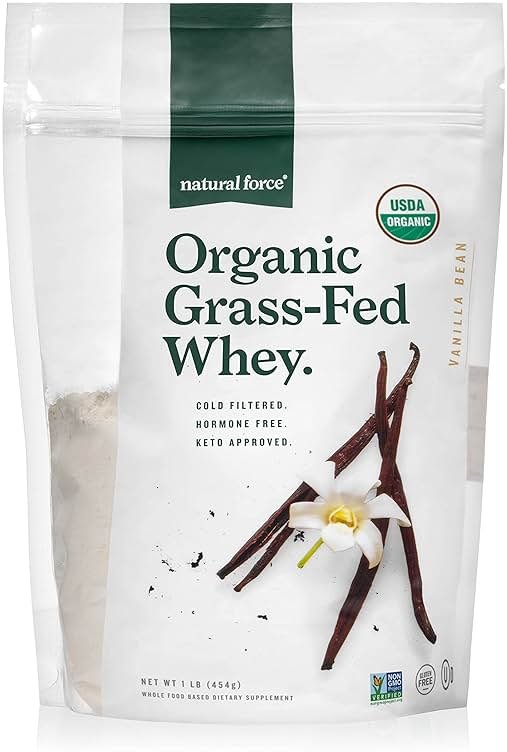 Natural Force Grass Fed Organic Whey Protein Powder – Non GMO Verified, Humane Certified & Lab Tested for Toxins – Real Vanilla Flavor – Keto Friendly, Low Carb, and Kosher - 16 Ounce A2 Protein - Product Image