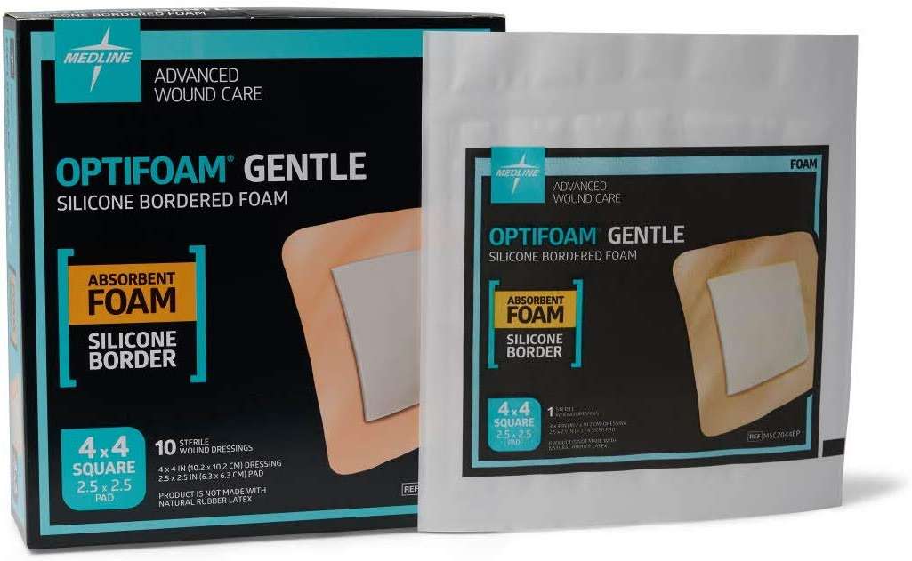 Medline Optifoam Gentle Foam Wound Dressing with Silicone Adhesive Border, 4" x 4", Educational Packaging, Pack of 10 - Image 1