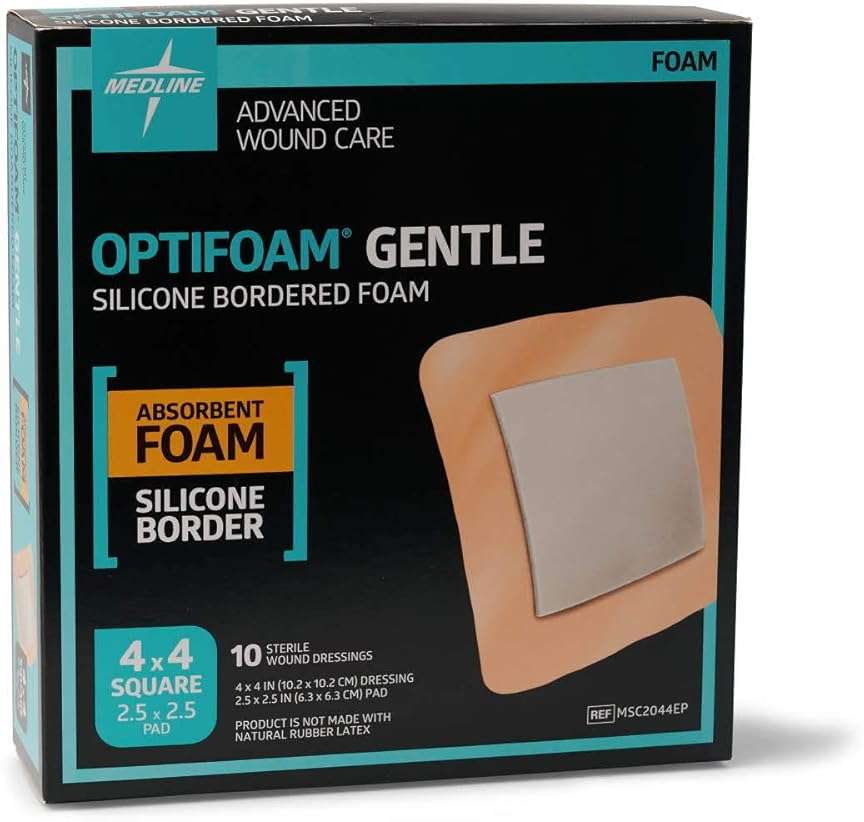 Medline Optifoam Gentle Foam Wound Dressing with Silicone Adhesive Border, 4" x 4", Educational Packaging, Pack of 10 - Image 2