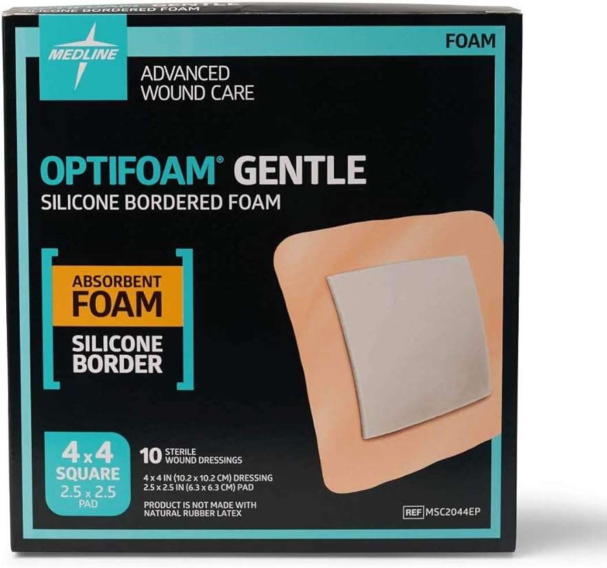Medline Optifoam Gentle Foam Wound Dressing with Silicone Adhesive Border, 4" x 4", Educational Packaging, Pack of 10 - Image 3