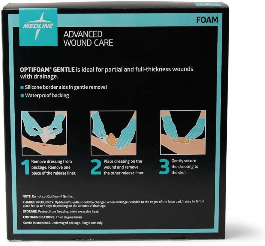 Medline Optifoam Gentle Foam Wound Dressing with Silicone Adhesive Border, 4" x 4", Educational Packaging, Pack of 10 - Image 4