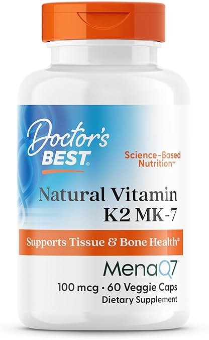 Doctor's Best Natural Vitamin K2 MK7 Supplement for Men & Women - Bone Health Support, 100 mcg Vitamin K-2 MK-7 Capsules with MenaQ7, Calcium Support, Non GMO, Vegan - 60 Veg Caps - Product Image