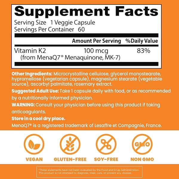 Doctor's Best Natural Vitamin K2 MK7 Supplement for Men & Women - Bone Health Support, 100 mcg Vitamin K-2 MK-7 Capsules with MenaQ7, Calcium Support, Non GMO, Vegan - 60 Veg Caps - Image 3