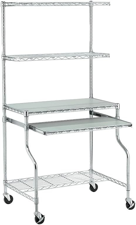 Nexel Commercial Wire Shelf Mobile Computer LAN Workstation, 31.5"W x 24"D x 63"H, Keyboard Tray, Adjustable, Castors, Chrome - Product Image