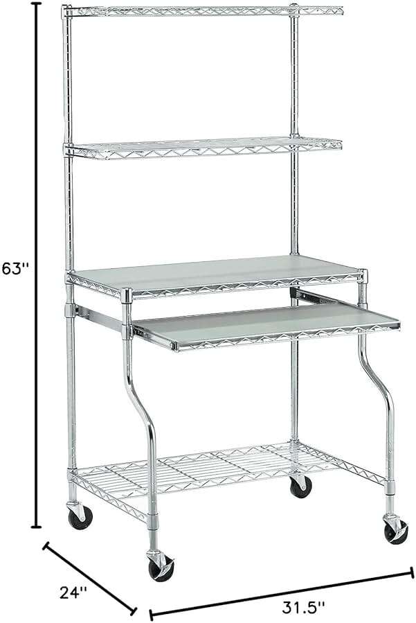 Nexel Commercial Wire Shelf Mobile Computer LAN Workstation, 31.5"W x 24"D x 63"H, Keyboard Tray, Adjustable, Castors, Chrome - Image 3