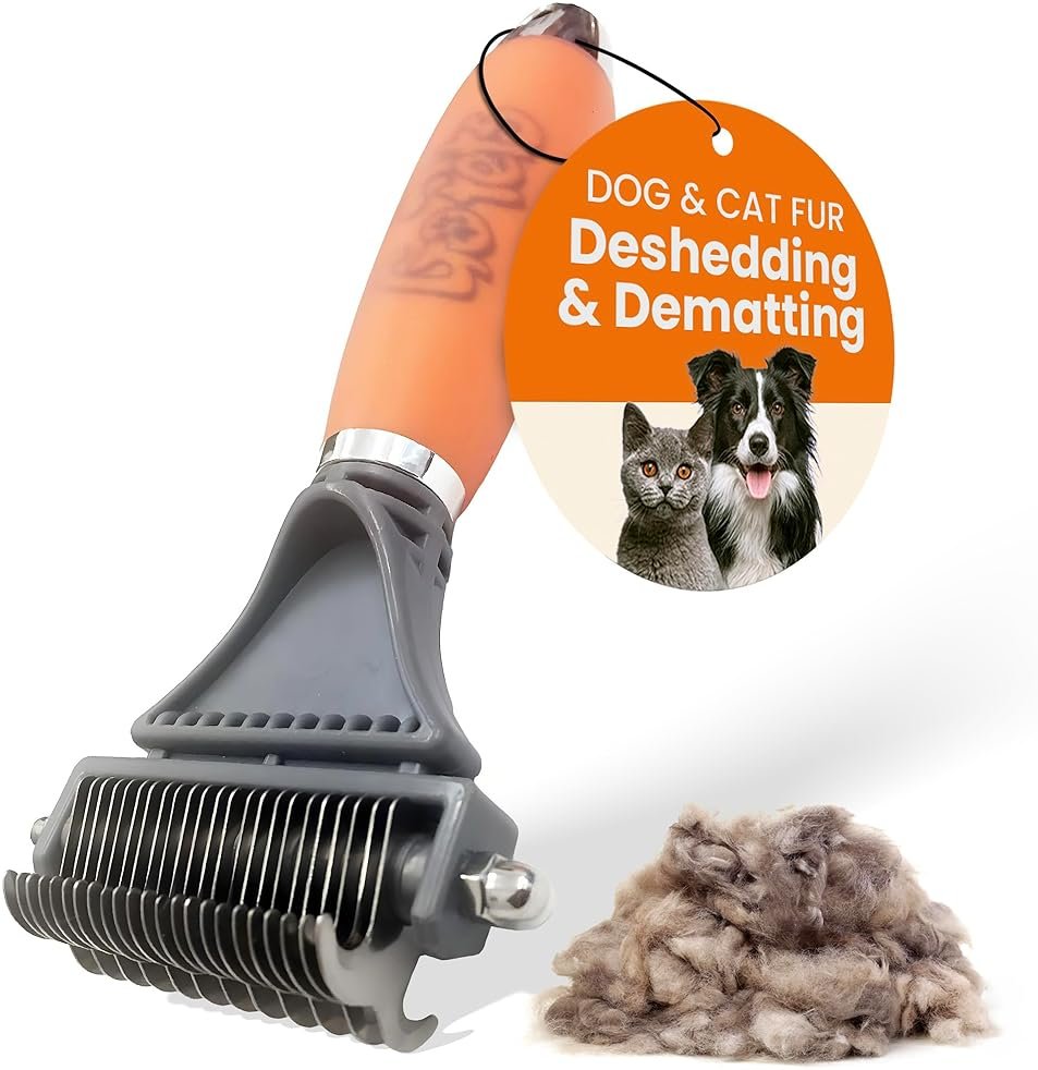 GoPets 2-in-1 Dematting Comb for Dogs, Pet Grooming Rake, Double-Sided Dog Brush for Shedding, Deshedding Brush for Cats, Undercoat Mat Dematting Tool for Long Haired Cats, Grooming Matting Hair - Product Image