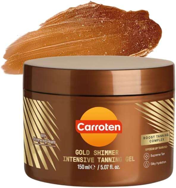 Carroten Gold Shimmer Tanning Gel | Browning Tan Accelerator | Non-Greasy, Water-Resistant with Carrot & Coconut Oil | Vitamin A & E For Moisture & Hydration | Made in Greece | 5 oz + Spatula - Image 1