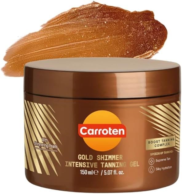 Carroten Gold Shimmer Tanning Gel | Browning Tan Accelerator | Non-Greasy, Water-Resistant with Carrot & Coconut Oil | Vitamin A & E For Moisture & Hydration | Made in Greece | 5 oz + Spatula - Product Image