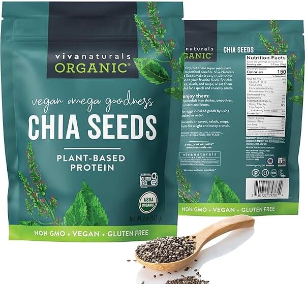Viva Naturals Organic Chia Seeds, 2 lb, 32 Oz – Plant-Based Omega-3 and Vegan Protein, Gluten Free & Non-GMO, Perfect for Smoothies, Salads & Chia Pudding - Product Image