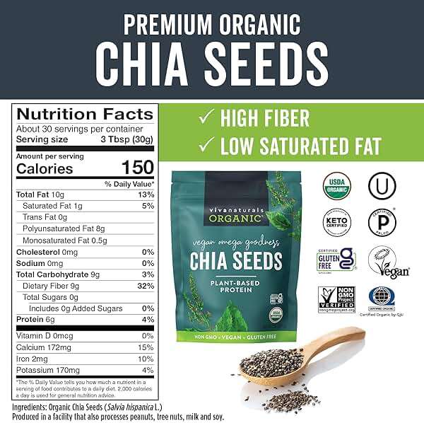 Viva Naturals Organic Chia Seeds, 2 lb, 32 Oz – Plant-Based Omega-3 and Vegan Protein, Gluten Free & Non-GMO, Perfect for Smoothies, Salads & Chia Pudding - Image 6