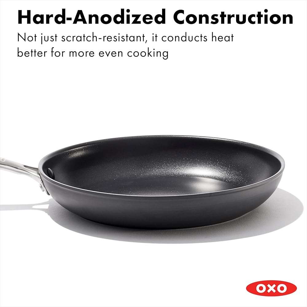 OXO Enhanced 10" Frying Pan Skillet, PFAS-Free Ceramic Nonstick, Durable Hard Anodized Cookware, Scratch Resistant, Stainless Steel Handle, Good Grips, Dishwasher Safe, Oven safe, Black - Image 4