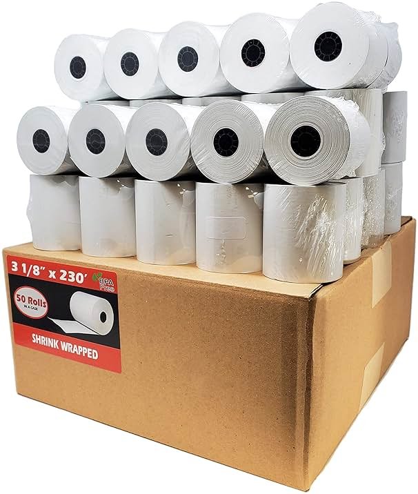 (50 Rolls) 3 1/8 x 230 Thermal Paper Receipt Rolls (55 GSM Premium Quality German Paper) Fits All POS Cash Registers BPA Free - BuyRegisterRolls - Product Image