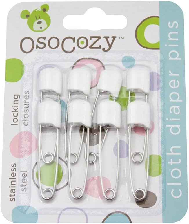 OsoCozy Diaper Pins - {White} - Sturdy, Stainless Steel Diaper Pins with Safe Locking Closures - Use for Special Events, Crafts or Colorful Laundry Pins , 8 Count (Pack of 1) - Product Image