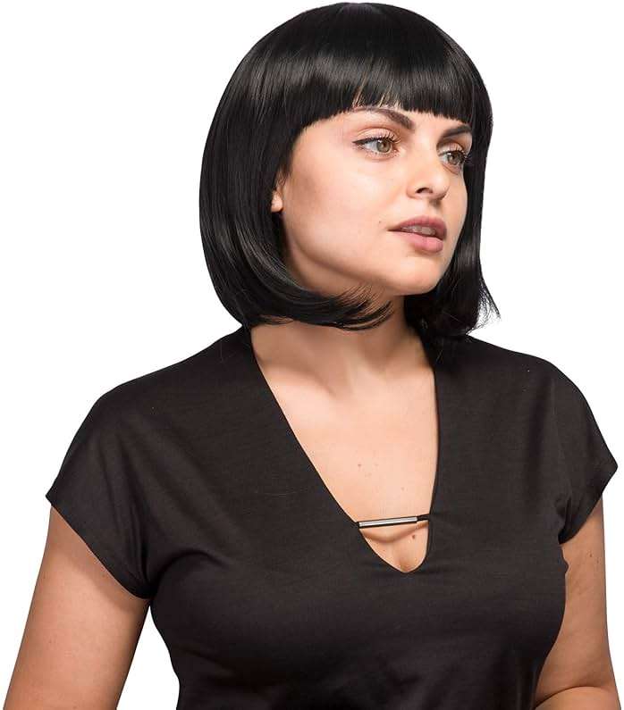 AGPTEK 13 Inches Straight Heat Resistant Short Bob Hair Wigs with Flat Bangs for Women Cosplay Daily Party - Black - Image 2