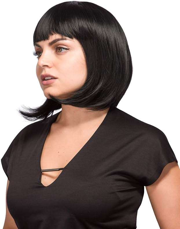 AGPTEK 13 Inches Straight Heat Resistant Short Bob Hair Wigs with Flat Bangs for Women Cosplay Daily Party - Black - Image 3
