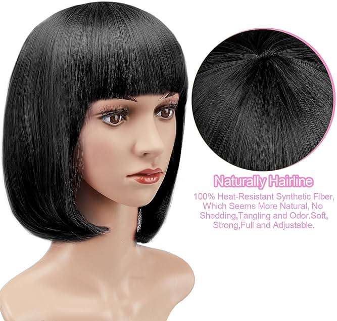 AGPTEK 13 Inches Straight Heat Resistant Short Bob Hair Wigs with Flat Bangs for Women Cosplay Daily Party - Black - Image 5