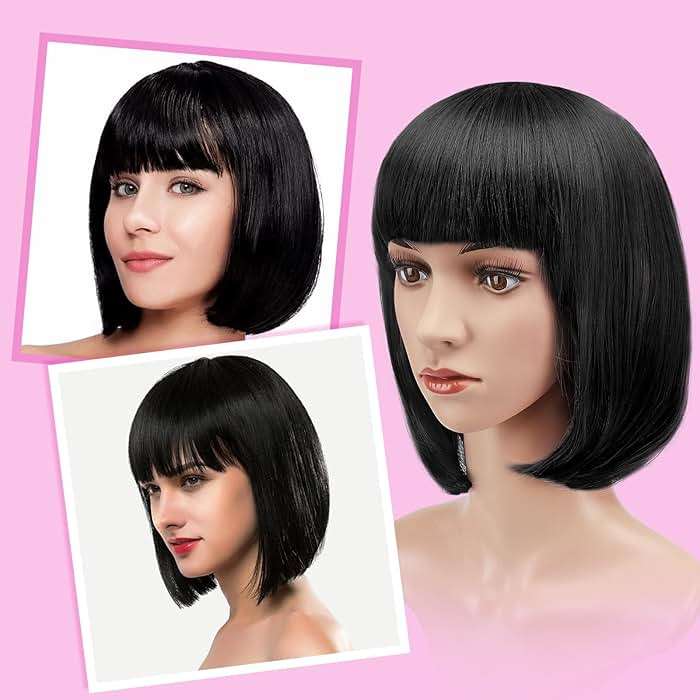 AGPTEK 13 Inches Straight Heat Resistant Short Bob Hair Wigs with Flat Bangs for Women Cosplay Daily Party - Black - Image 6