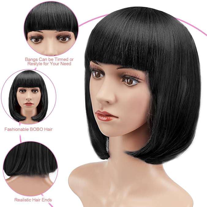 AGPTEK 13 Inches Straight Heat Resistant Short Bob Hair Wigs with Flat Bangs for Women Cosplay Daily Party - Black - Image 7