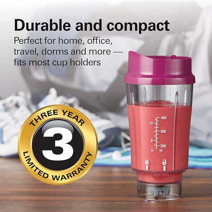 Hamilton Beach Portable Blender for Shakes and Smoothies, 14 Oz BPA Free Travel Cup & Lid, Durable Stainless Steel Blades, Personal Smoothie Blender, Raspberry, 51131G - Image 7