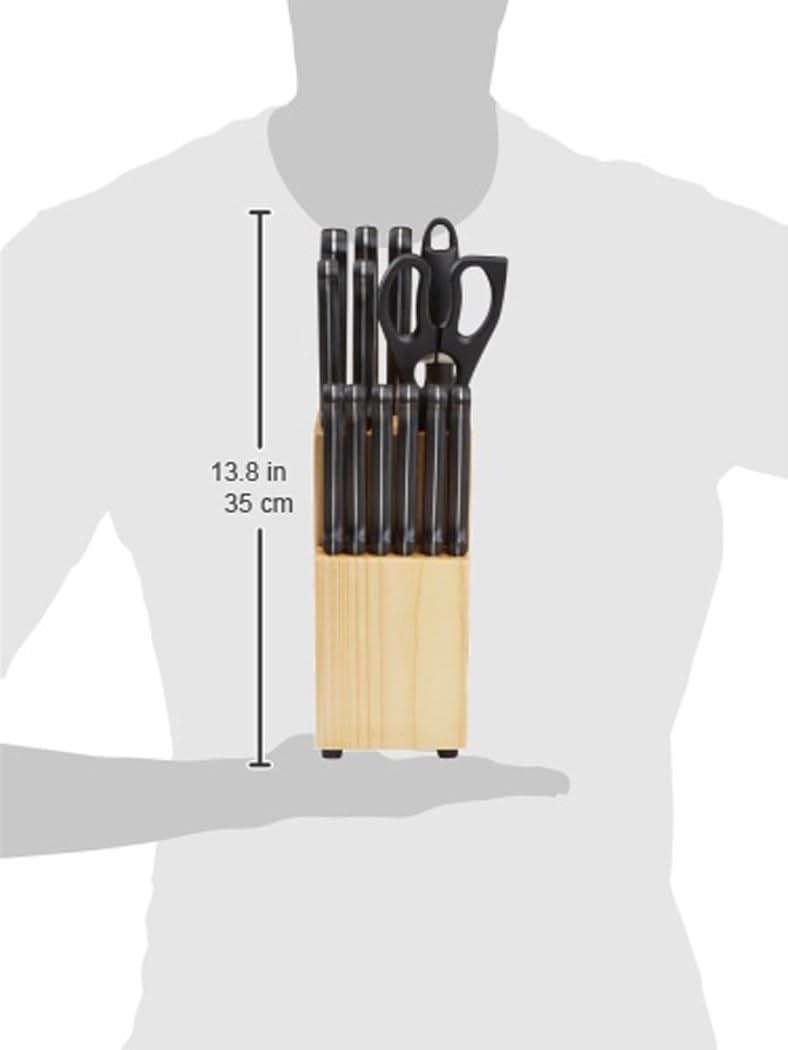 Amazon Basics 14-Piece High Carbon Stainless Steel Kitchen Knife Set with Full Tang Construction, Ergonomic Handles, Sharpener and Pinewood Block, Black - Image 3