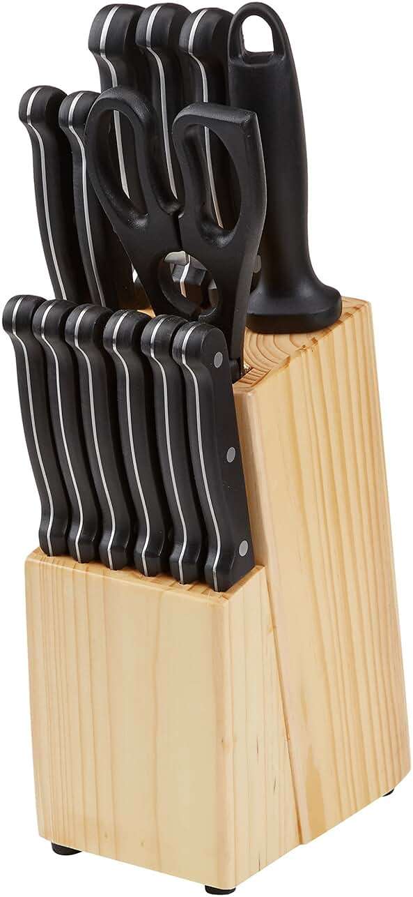 Amazon Basics 14-Piece High Carbon Stainless Steel Kitchen Knife Set with Full Tang Construction, Ergonomic Handles, Sharpener and Pinewood Block, Black - Image 6