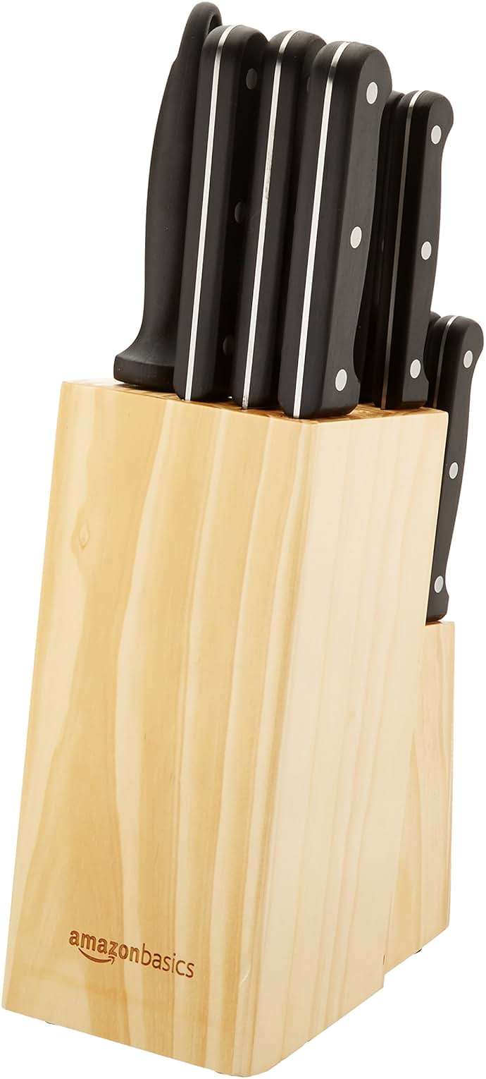 Amazon Basics 14-Piece High Carbon Stainless Steel Kitchen Knife Set with Full Tang Construction, Ergonomic Handles, Sharpener and Pinewood Block, Black - Image 7