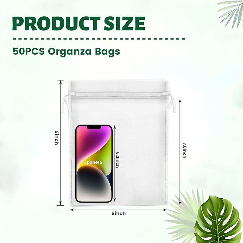 YunKo 50pcs Organza Bags 6x9 Inches Drawstring Gift Jewelry Mesh Bags Fruit Protection Bag White Sheer Organza Wedding Party Favor Bag - Image 3