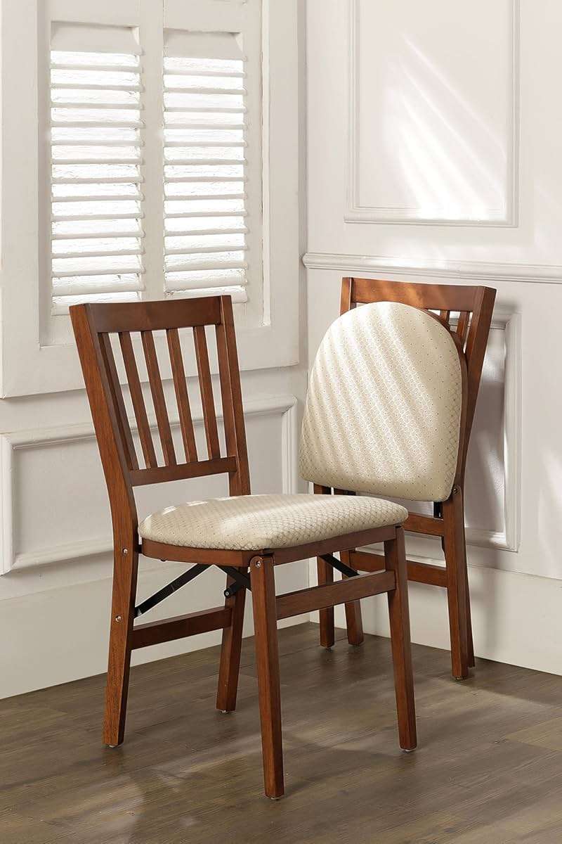 MECO Stakmore Premium Solid Wood Dining Table Compact Folding Chair Set with Blush Fabric Padded Upholstered Seat, Fruitwood (Set of 2) - Image 2