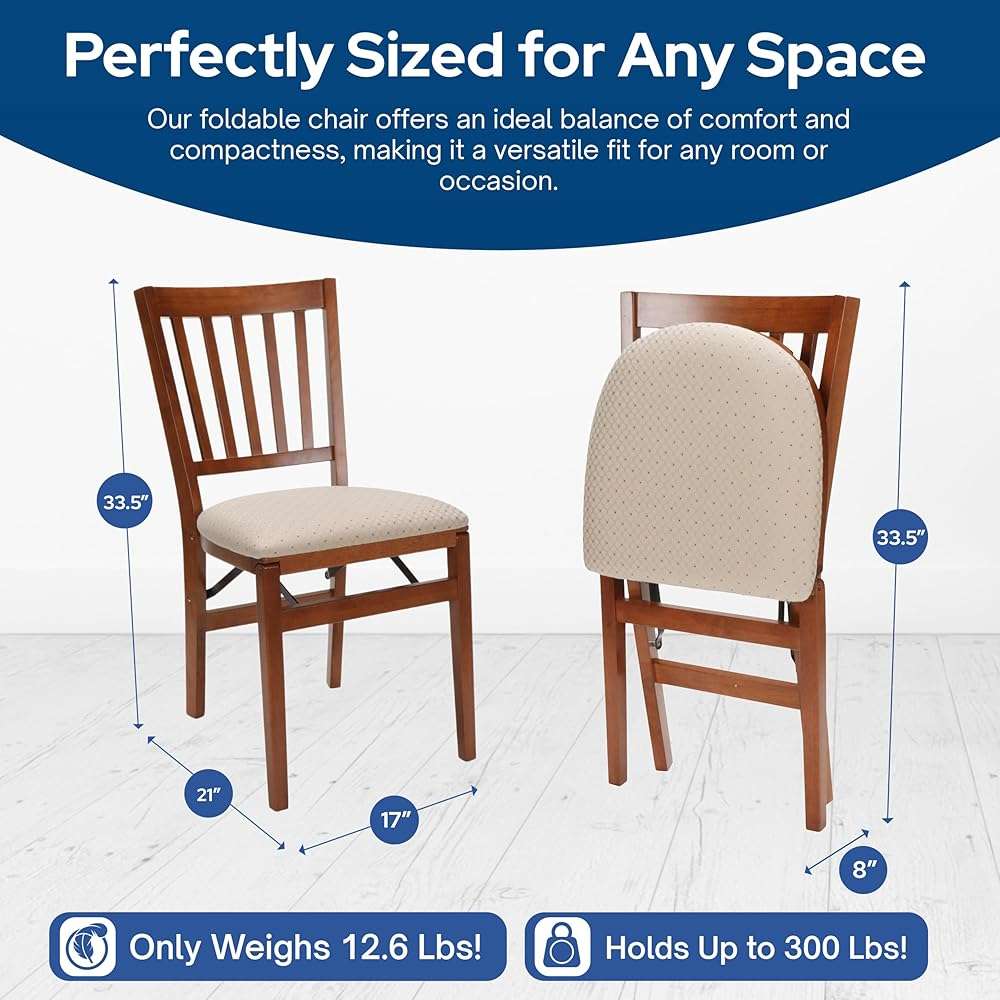 MECO Stakmore Premium Solid Wood Dining Table Compact Folding Chair Set with Blush Fabric Padded Upholstered Seat, Fruitwood (Set of 2) - Image 3