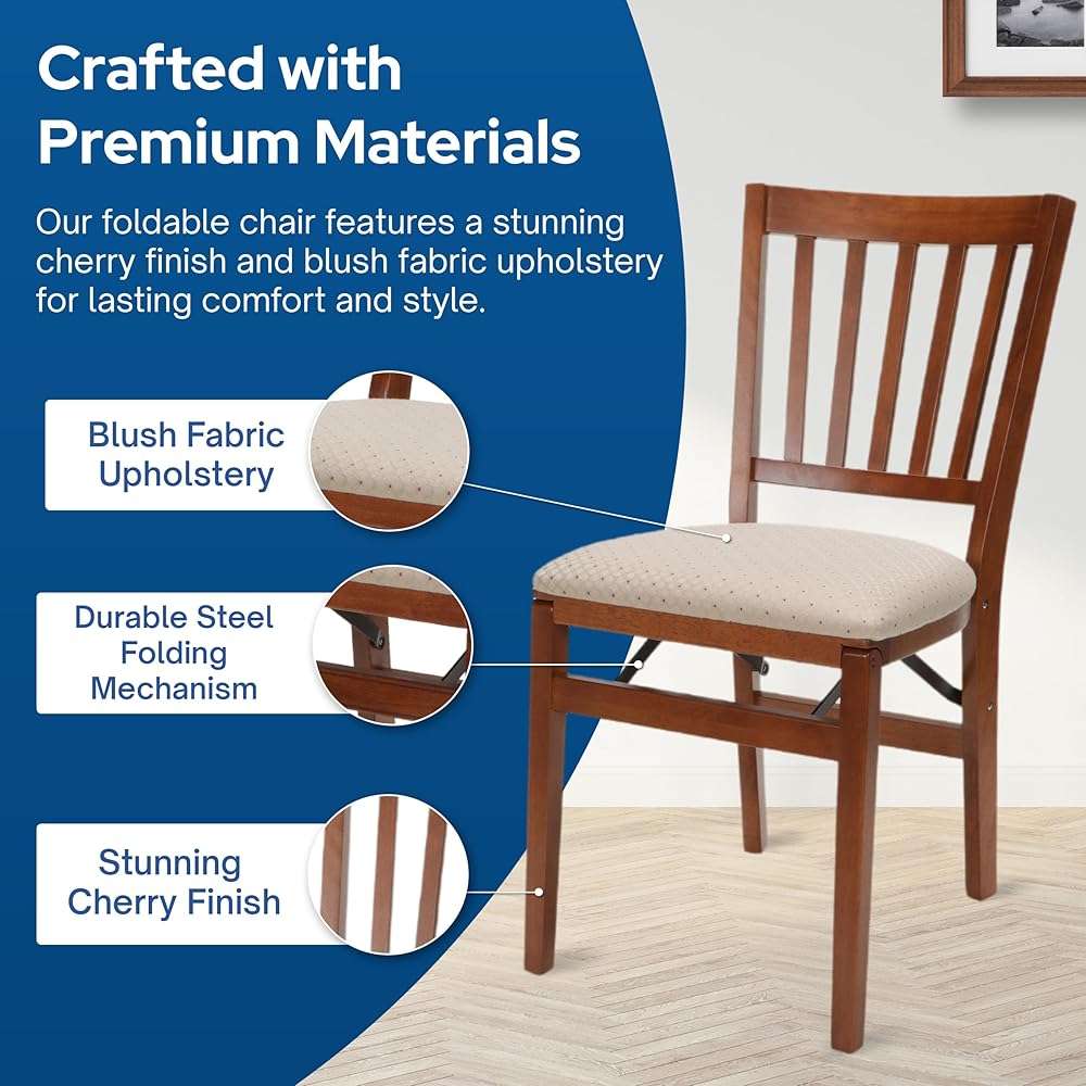 MECO Stakmore Premium Solid Wood Dining Table Compact Folding Chair Set with Blush Fabric Padded Upholstered Seat, Fruitwood (Set of 2) - Image 4