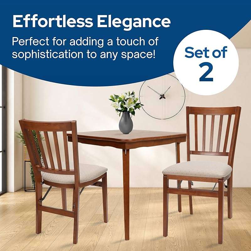 MECO Stakmore Premium Solid Wood Dining Table Compact Folding Chair Set with Blush Fabric Padded Upholstered Seat, Fruitwood (Set of 2) - Image 5