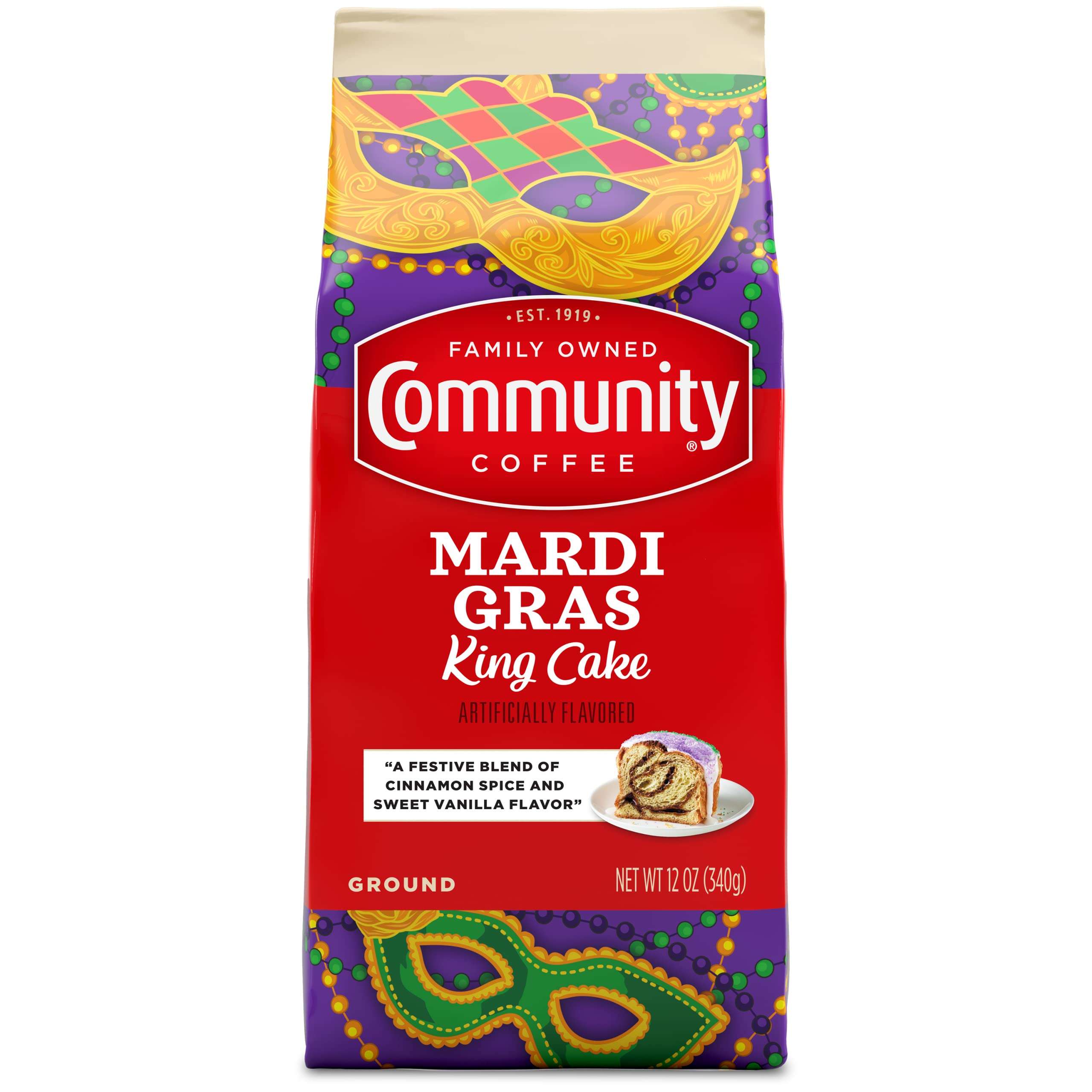 Community Coffee Mardi Gras King Cake Flavored 12 Ounces, Medium Roast Ground Coffee, 12 Ounce Bag (Pack of 1) - Image 1