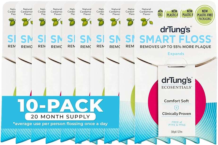 DrTung's Smart Floss - Natural Floss, PTFE & PFAS Free Floss, Gentle on Gums, Expands & Stretches, BPA Free - Cardamom Flavor, Colors Vary (10 Pack) - Image 1