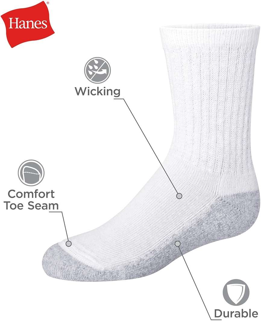 Hanes Boys' Socks Pack, Double Tough Moisture Wicking Ankle, Crew, No Show Socks, 12 & 14 Pair Packs - Image 3