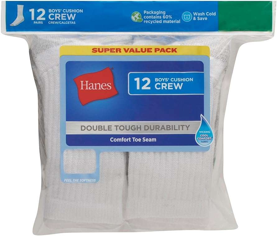 Hanes Boys' Socks Pack, Double Tough Moisture Wicking Ankle, Crew, No Show Socks, 12 & 14 Pair Packs - Image 6
