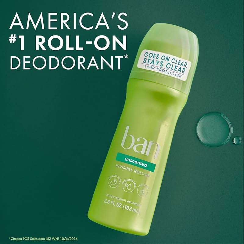 Ban Invisible Roll-on Antiperspirant Deodorant for Women and Men, 24-hour Underarm Odor & Sweat Protection, Unscented, 3.5 Oz, Pack of 4 - Image 5