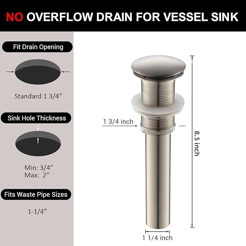 Yodel Faucet Vessel Sink Drain Without Overflow - Bathroom Sink Drain Stopper - Pop Up Drain All Metal - Big Cap Fit for Vessel or Undermount Sink,Brushed Nickel,YDPOP-1 - Image 2