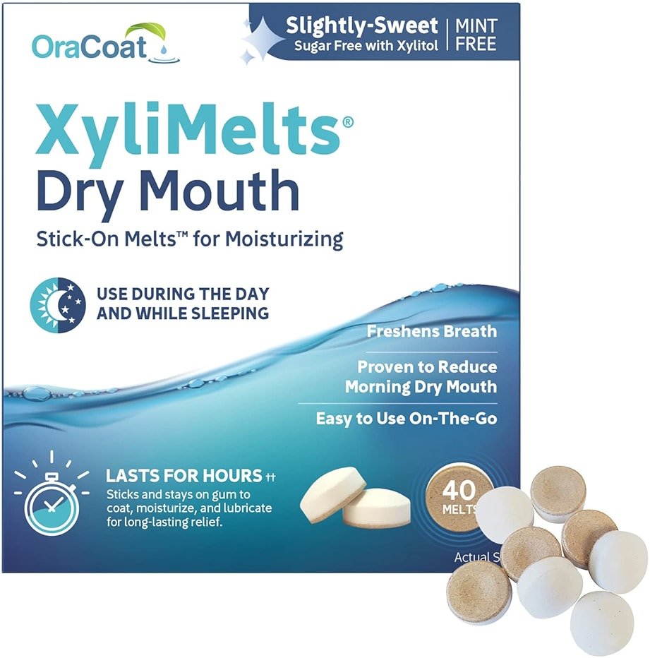 Oracoat XyliMelts for Dry Mouth Night Time or Day - Moisturizing Dry Mouth Adhering Discs, Sugar Free with Xylitol, 40 Count, Slightly-Sweet Flavor, 8-Hour Relief - Product Image